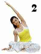 减肥的瑜伽动作，吸气，手臂向上，吐气侧弯